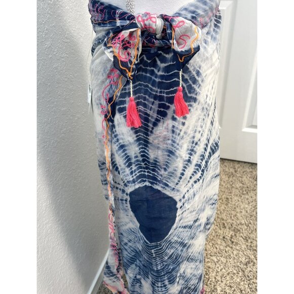 DEI Sea LIfe Womens Blue/White Tie-Dye Sheer SARONG SCARF Embroidered Tassels - Picture 2 of 6
